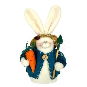 Gardening White Plush Vintage Bunny Rabbit Straw Hat Shovel Carrot Ladybug-Cute!